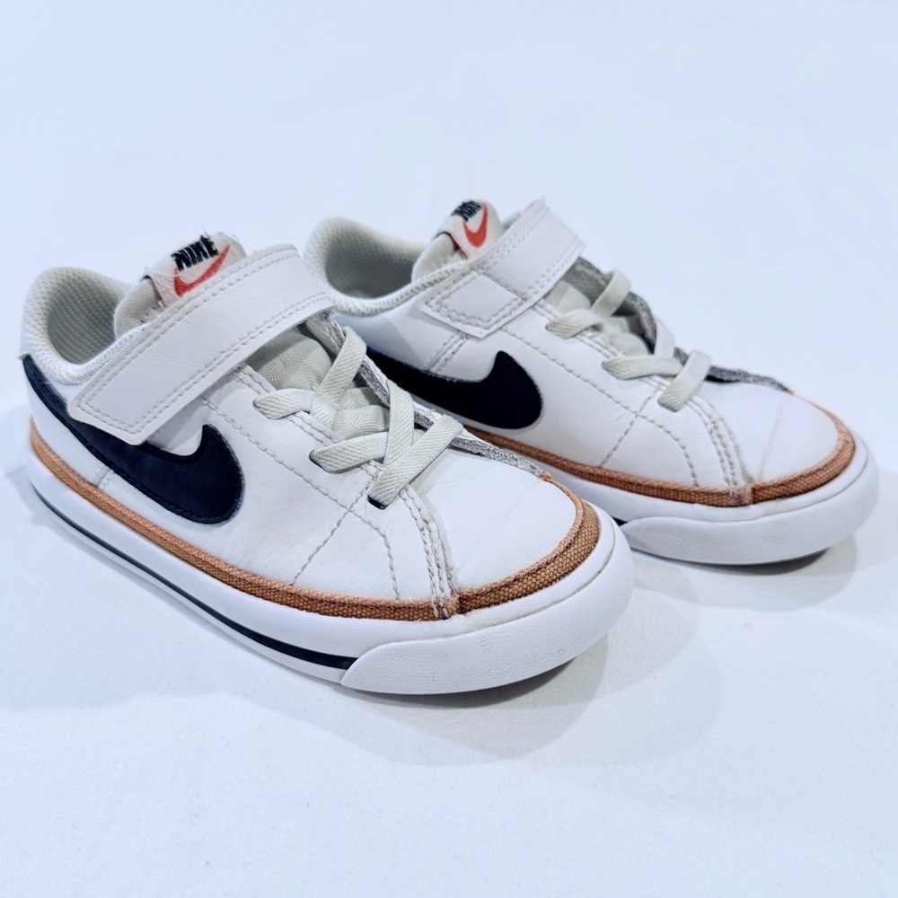 Nike Court Legacy Low Top Sneakers Boys 9 Girls White Black Tan Leather Velcro